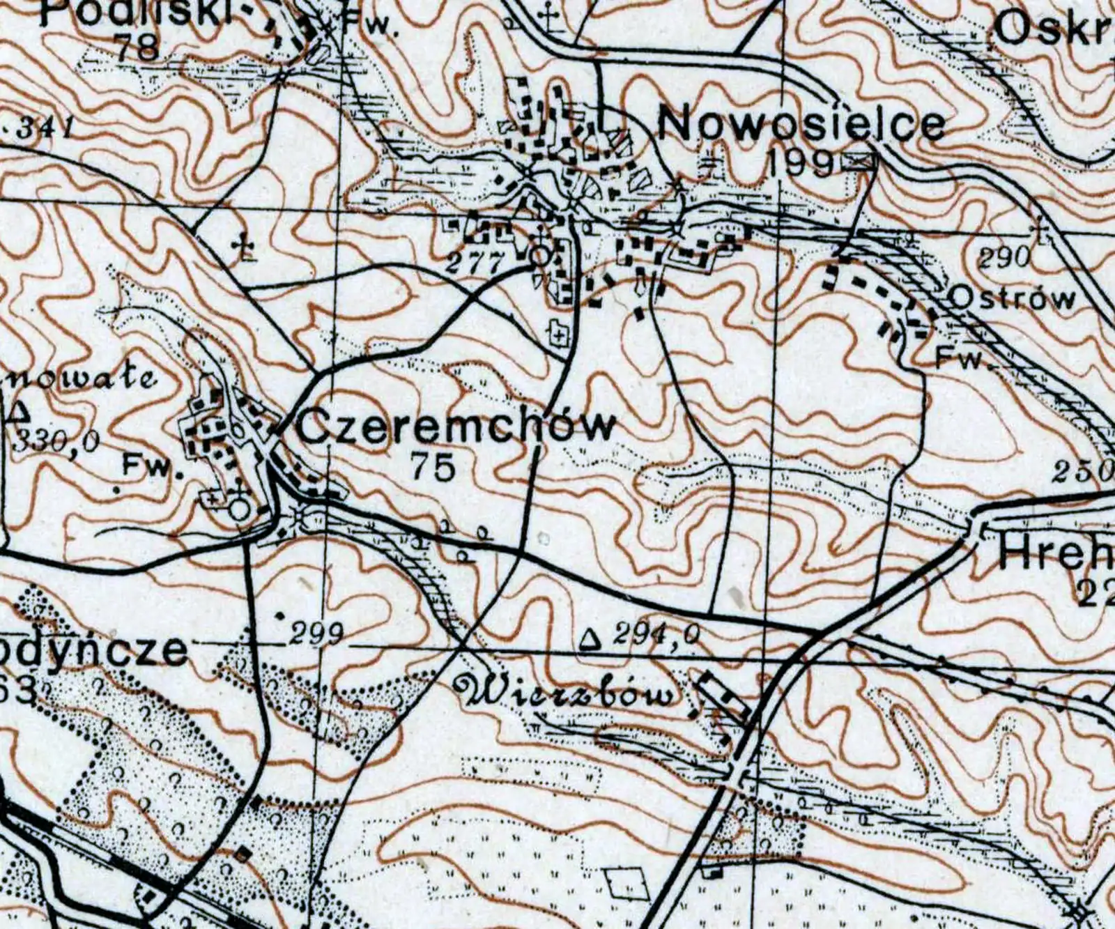 Fragment mapy WIG z 1931 r., arkusz Rohatyn — okolice Łukowca i Nowosielec