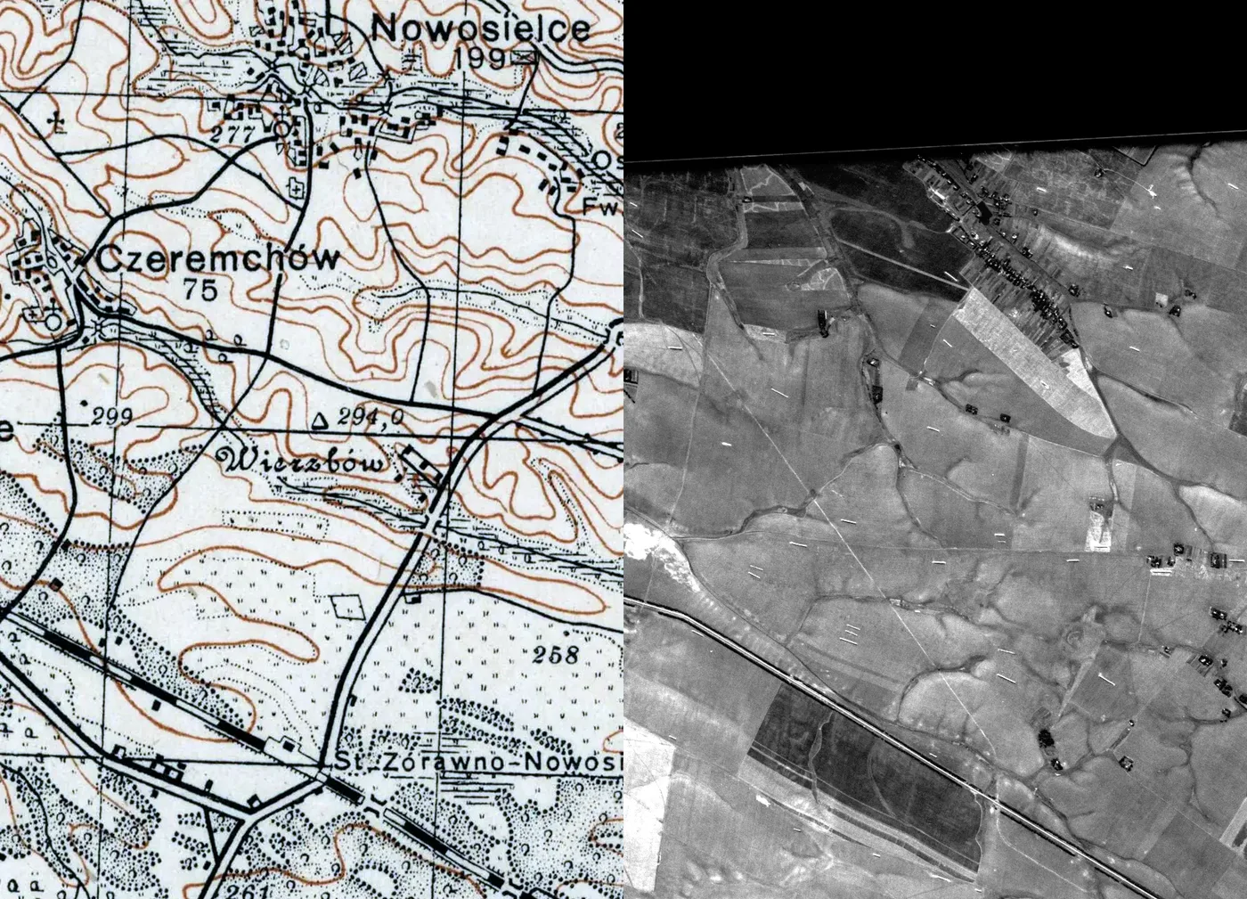 Mapa WIG z 1931 r. i zdjęcie satelitarne CORONA z 1971 r. tej samej okolicy, zestawione obok siebie